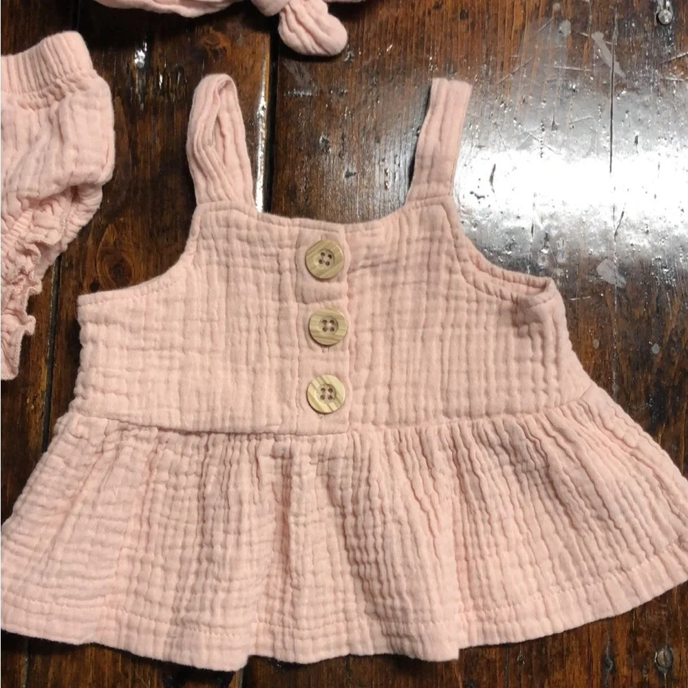 Blush Linen Baby Outfit – 3-Piece Set (Tank, Bloomers & Bow) 12M 👶💗